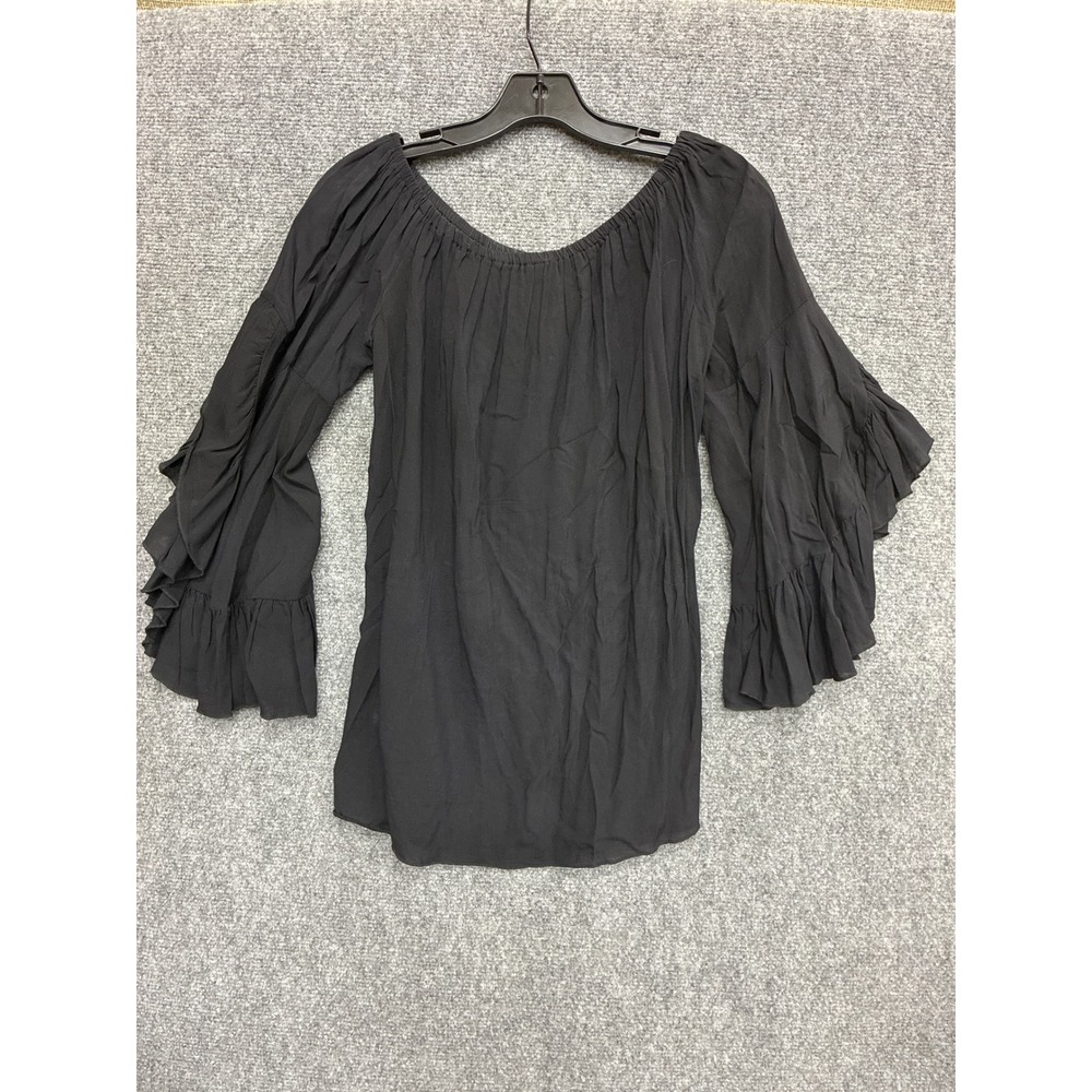 Black Off The Shoulder Ruffle Bell Sleeve Boho Blouse Rayon Small RY-154